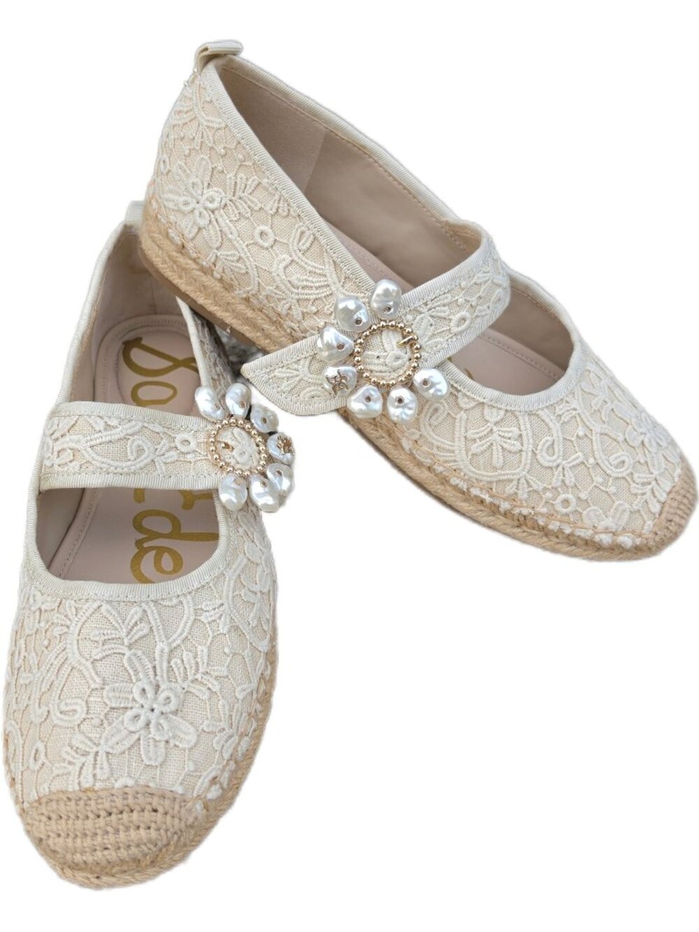Sam Edelman Maddy Orchid Lace Pearl Mary Jane Espadrille Flats Ivory 9 EUC